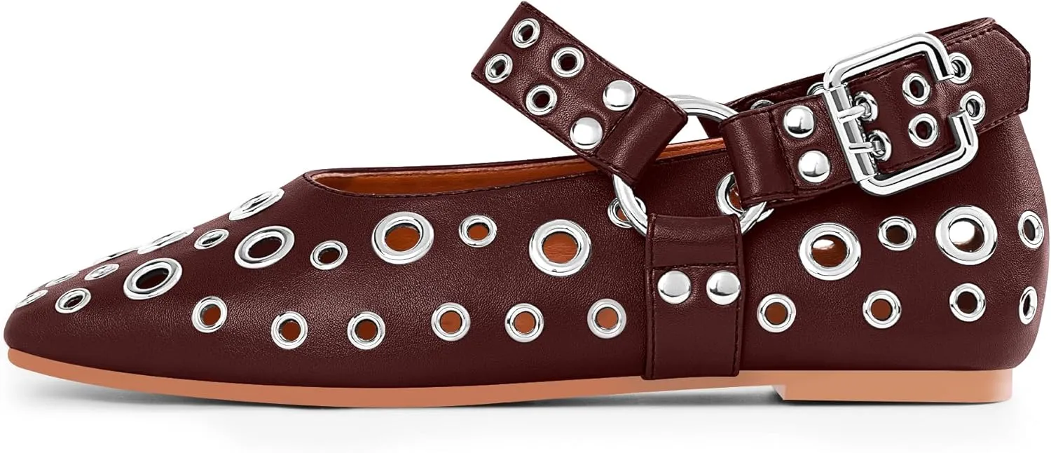 100FIXEO Women's Buckle Ballet Flats Punk Square Toe Studded Grommet Mary Jane Shoes
