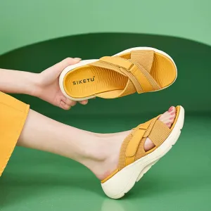 Ankle Strap Wedge Sandals for Women, Comfortable Walking Sandals Women Summer Dressy Hook Loop Knit Sport Flat Slides Lightweight Casual Beach Sandals Non Slip Slip-On Shoes