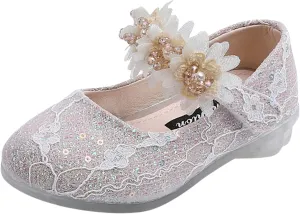 Baby Girls Dress Shoes Glitter Shoe Flower Mary Jane Low Heels Party Wedding Prom Footwear for Toddler Kids