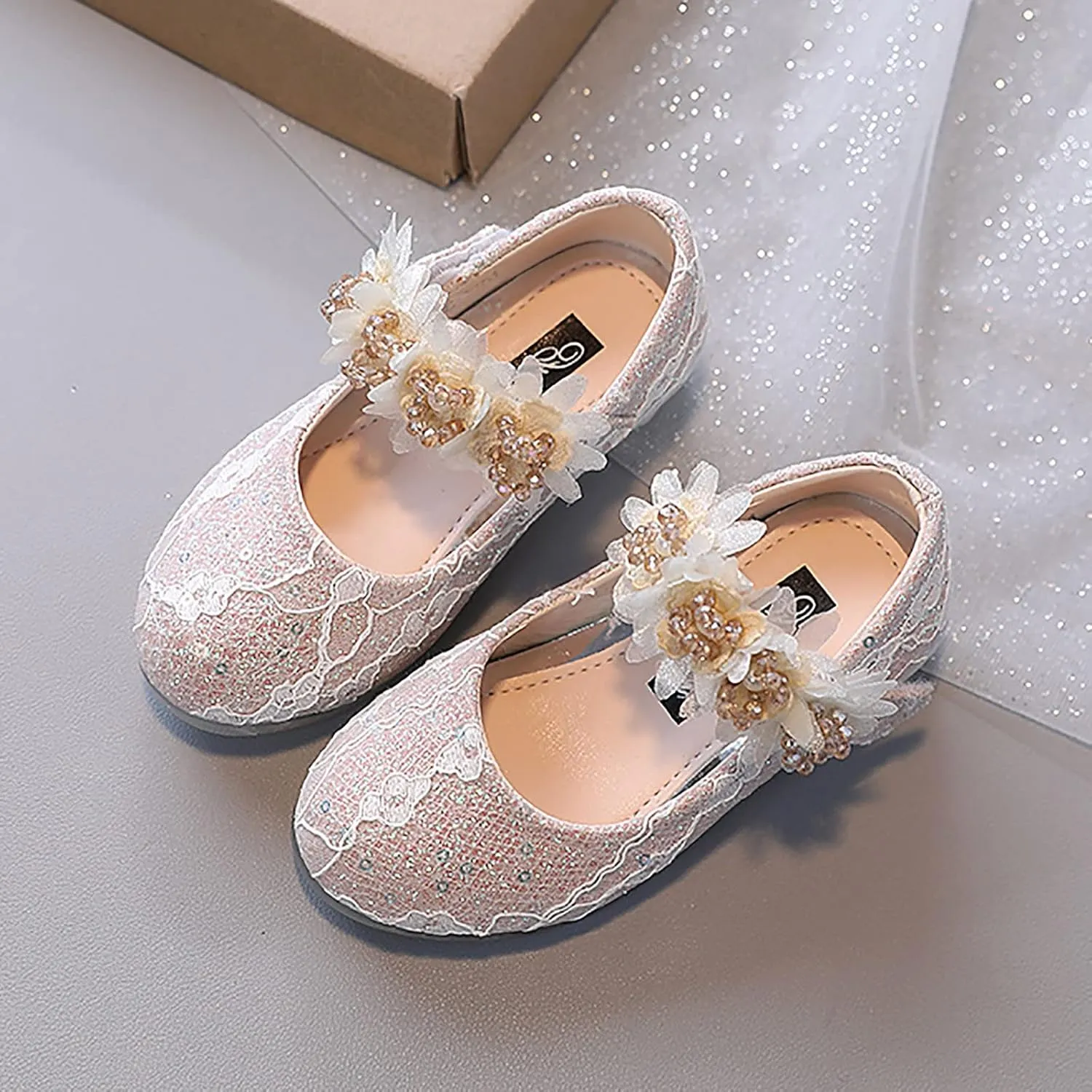 Baby Girls Dress Shoes Glitter Shoe Flower Mary Jane Low Heels Party Wedding Prom Footwear for Toddler Kids