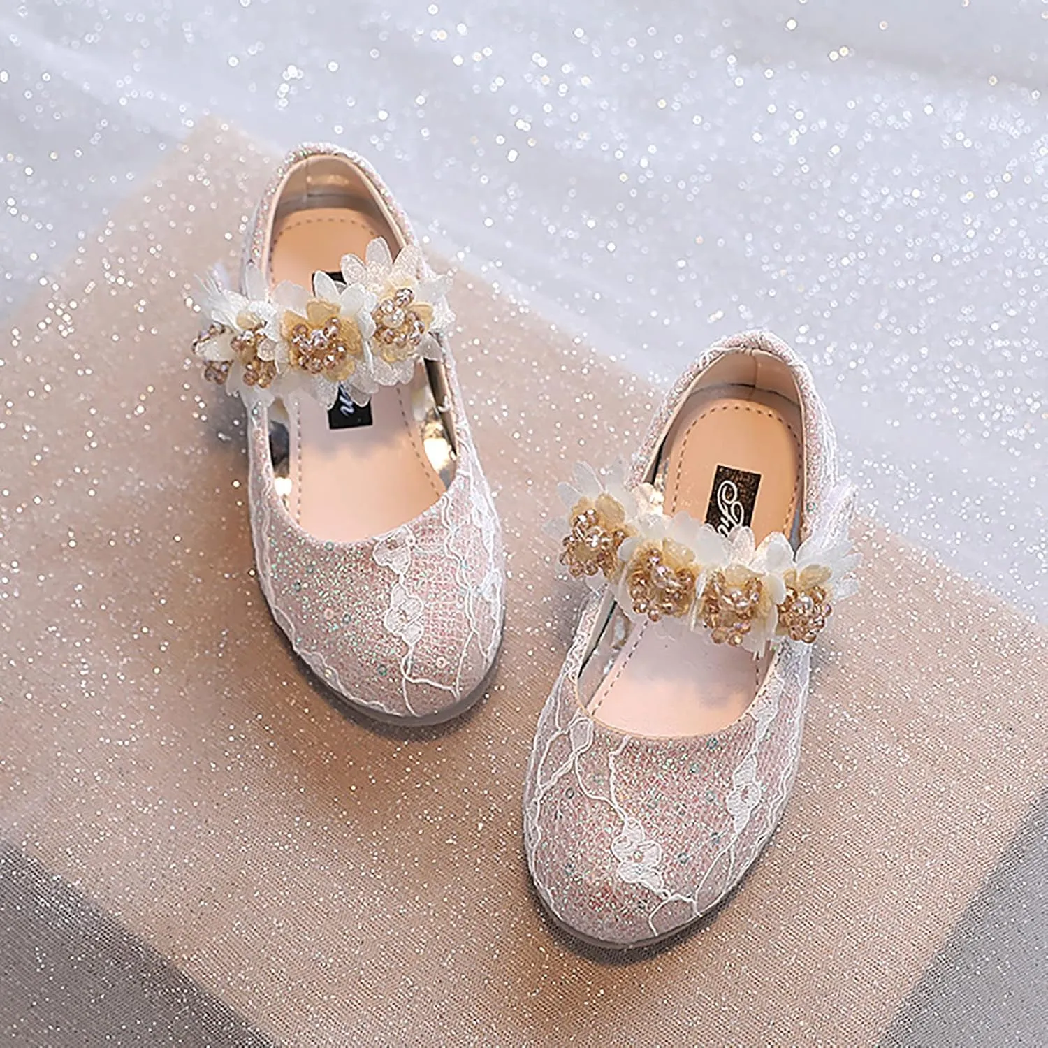 Baby Girls Dress Shoes Glitter Shoe Flower Mary Jane Low Heels Party Wedding Prom Footwear for Toddler Kids