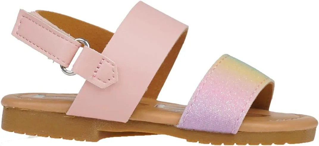 bebe Girl's Sparkly and Strappy Glitter Leatherette Flat Sandals with Adjustable Strap (Toddler/Little Kid)