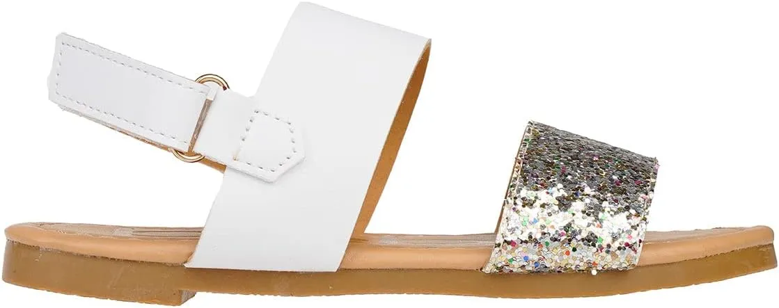 bebe Girl's Sparkly and Strappy Glitter Leatherette Flat Sandals with Adjustable Strap (Toddler/Little Kid)
