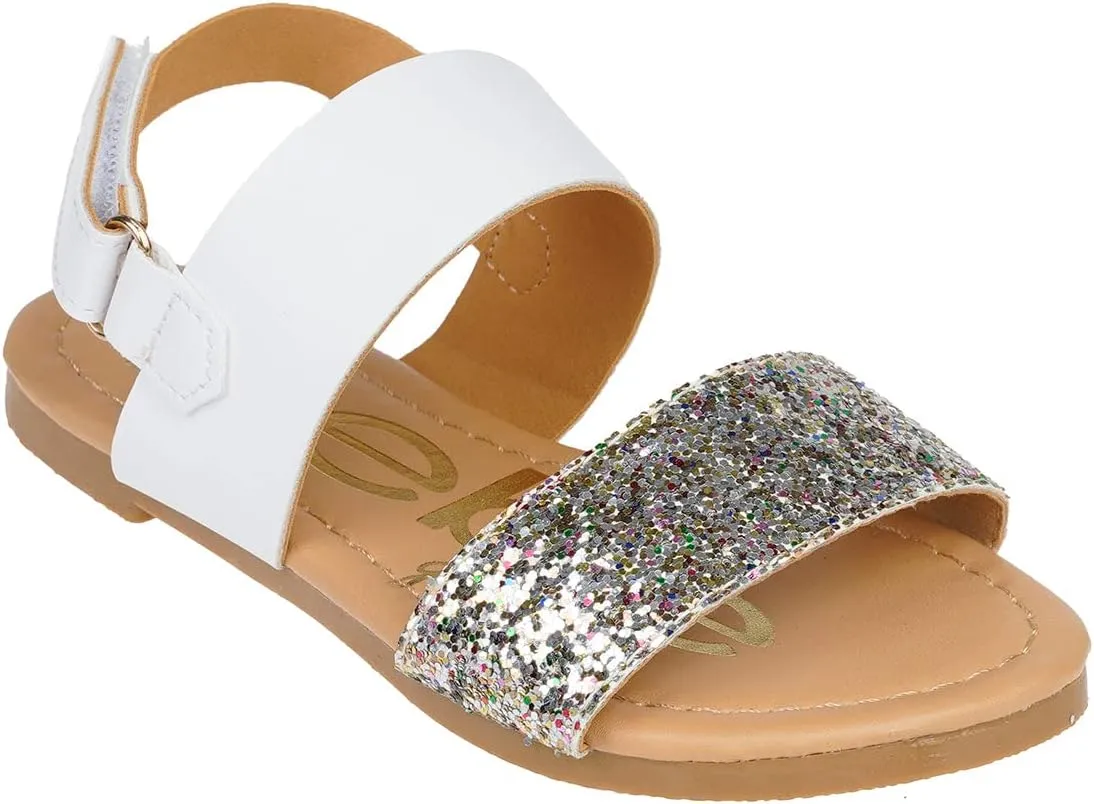bebe Girl's Sparkly and Strappy Glitter Leatherette Flat Sandals with Adjustable Strap (Toddler/Little Kid)