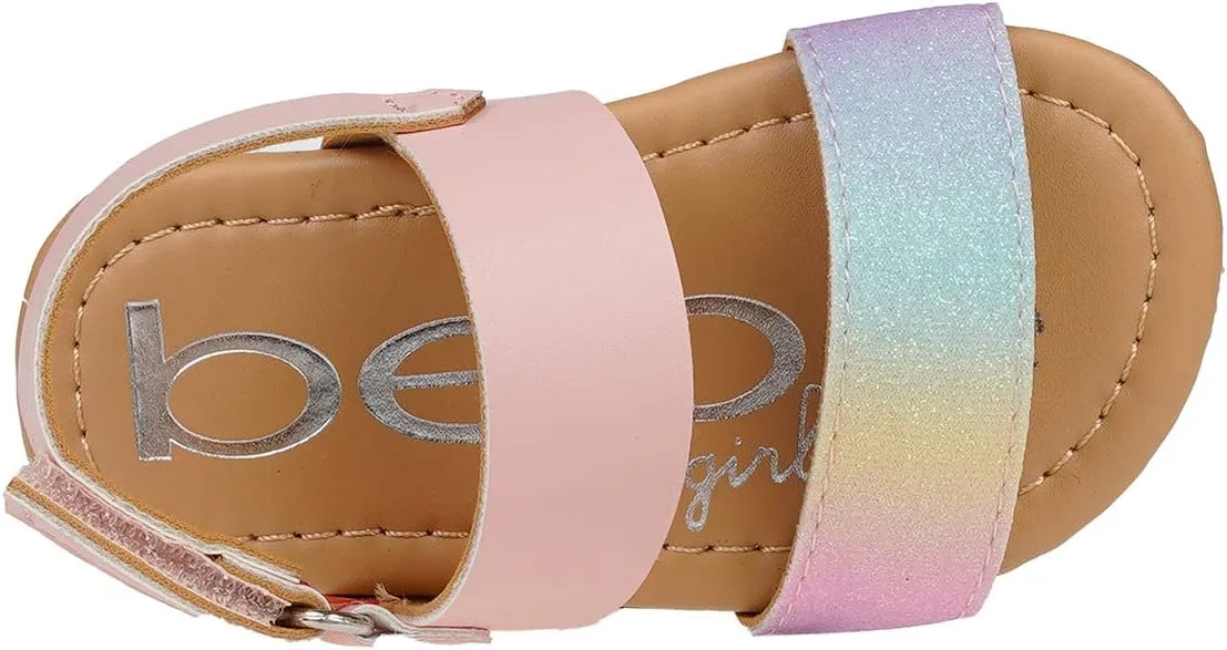 bebe Girl's Sparkly and Strappy Glitter Leatherette Flat Sandals with Adjustable Strap (Toddler/Little Kid)