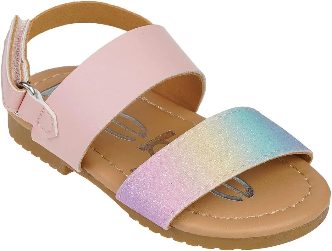 bebe Girl's Sparkly and Strappy Glitter Leatherette Flat Sandals with Adjustable Strap (Toddler/Little Kid)