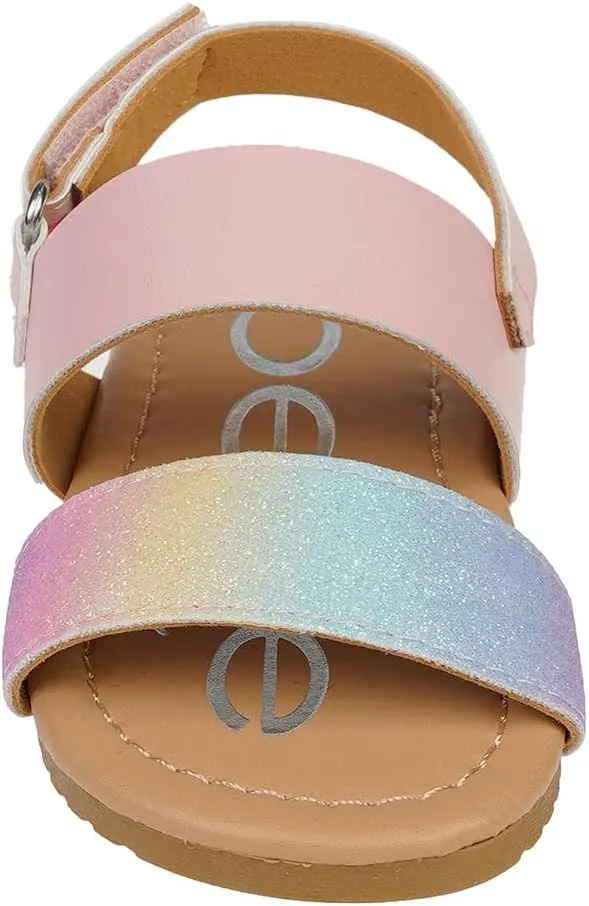 bebe Girl's Sparkly and Strappy Glitter Leatherette Flat Sandals with Adjustable Strap (Toddler/Little Kid)