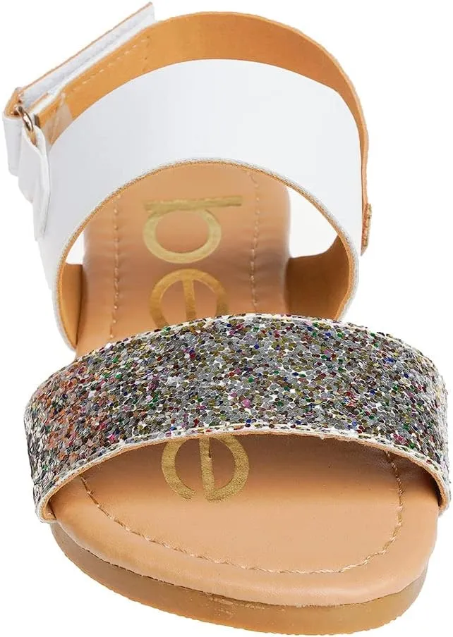 bebe Girl's Sparkly and Strappy Glitter Leatherette Flat Sandals with Adjustable Strap (Toddler/Little Kid)