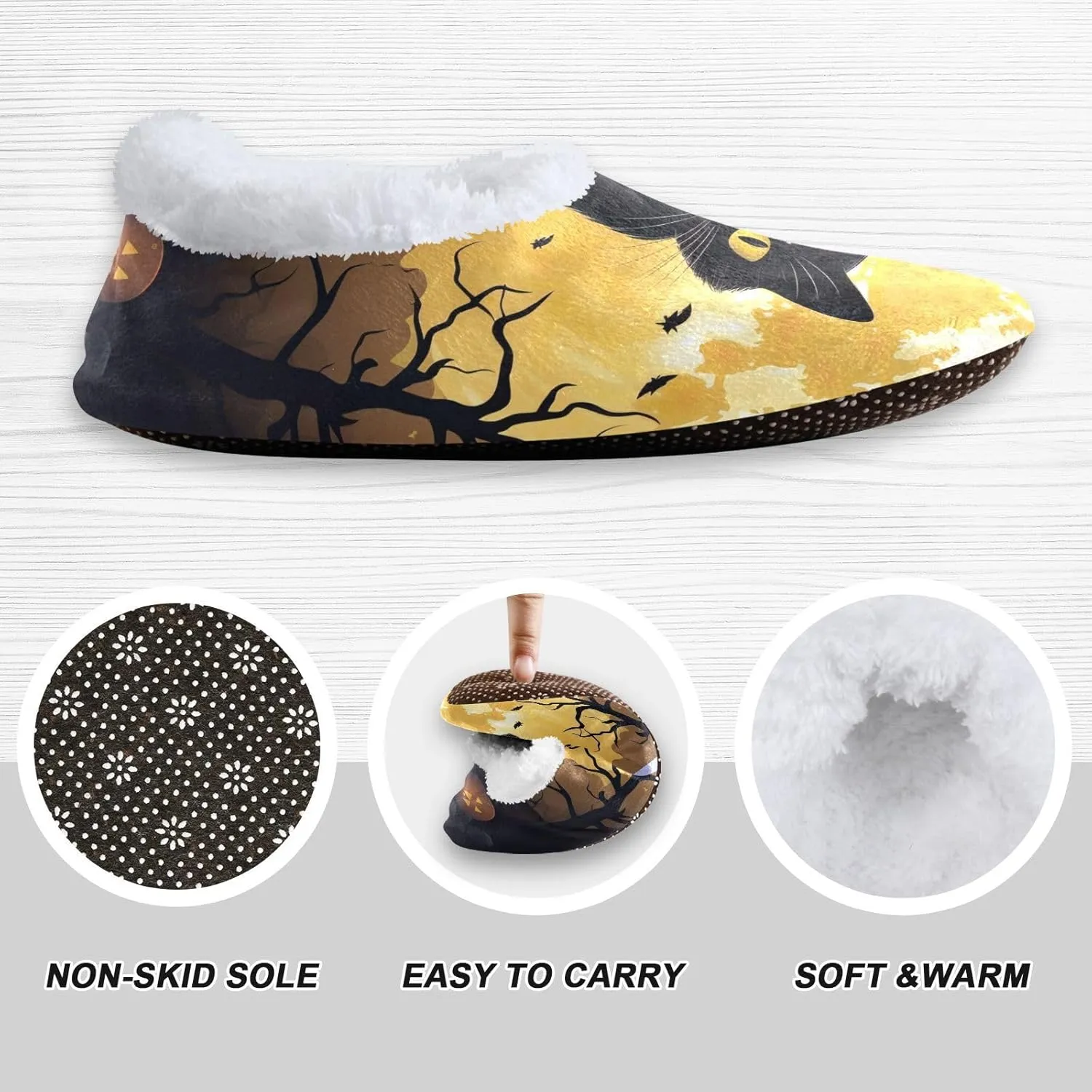 Black Cat Moon Fuzzy Memory Foam Closed Back Slippers for Women Men Knit Fleece Lined House Shoes with Anti-Skid Sole Household Slippers for Hotel Indoor Outdoor Bedroom