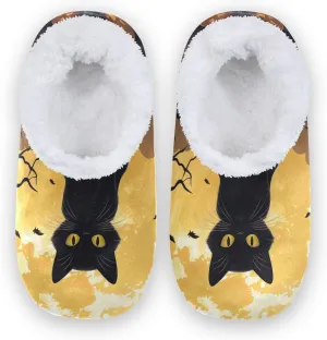 Black Cat Moon Fuzzy Memory Foam Closed Back Slippers for Women Men Knit Fleece Lined House Shoes with Anti-Skid Sole Household Slippers for Hotel Indoor Outdoor Bedroom