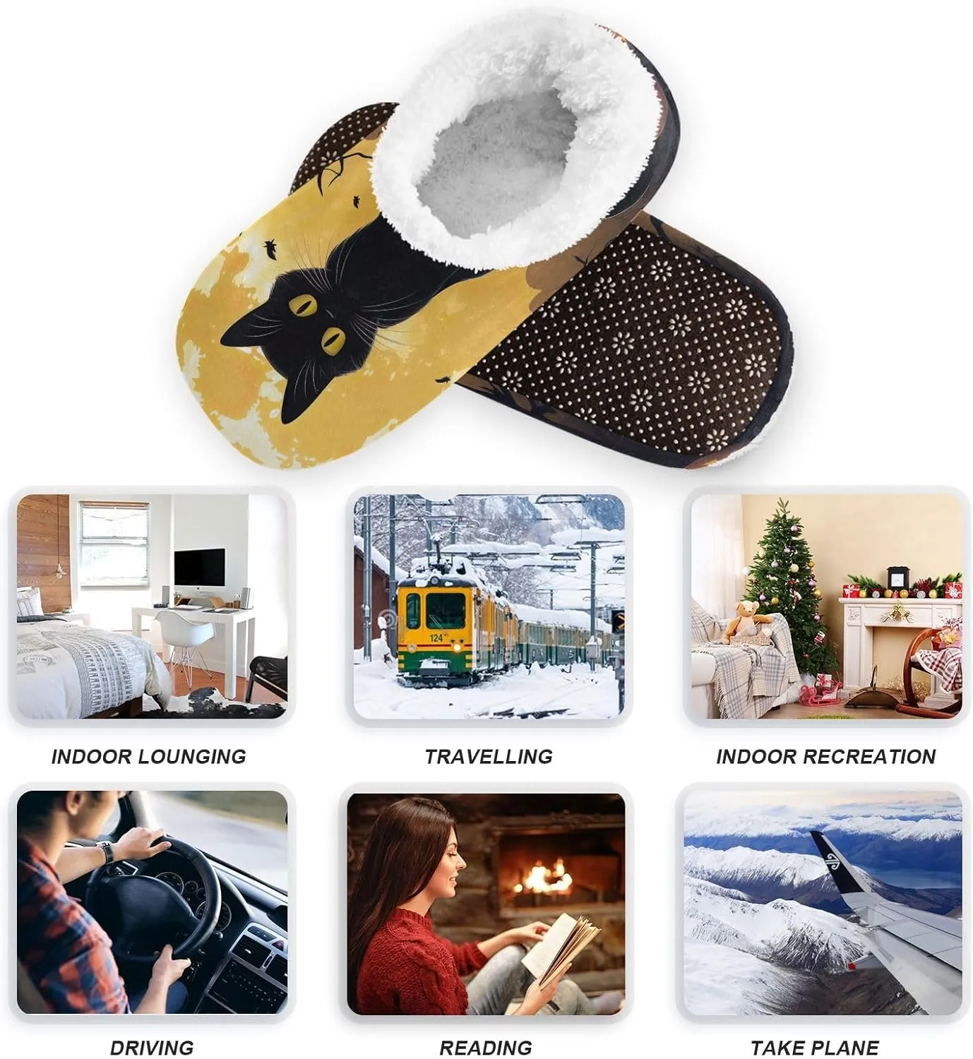 Black Cat Moon Fuzzy Memory Foam Closed Back Slippers for Women Men Knit Fleece Lined House Shoes with Anti-Skid Sole Household Slippers for Hotel Indoor Outdoor Bedroom