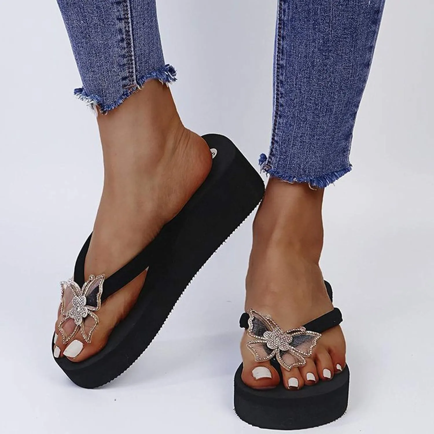 Black Sandals Women Platform Ladies Fashion Summer Flip Flops Casual Rhinestone Butterfly Sandals
