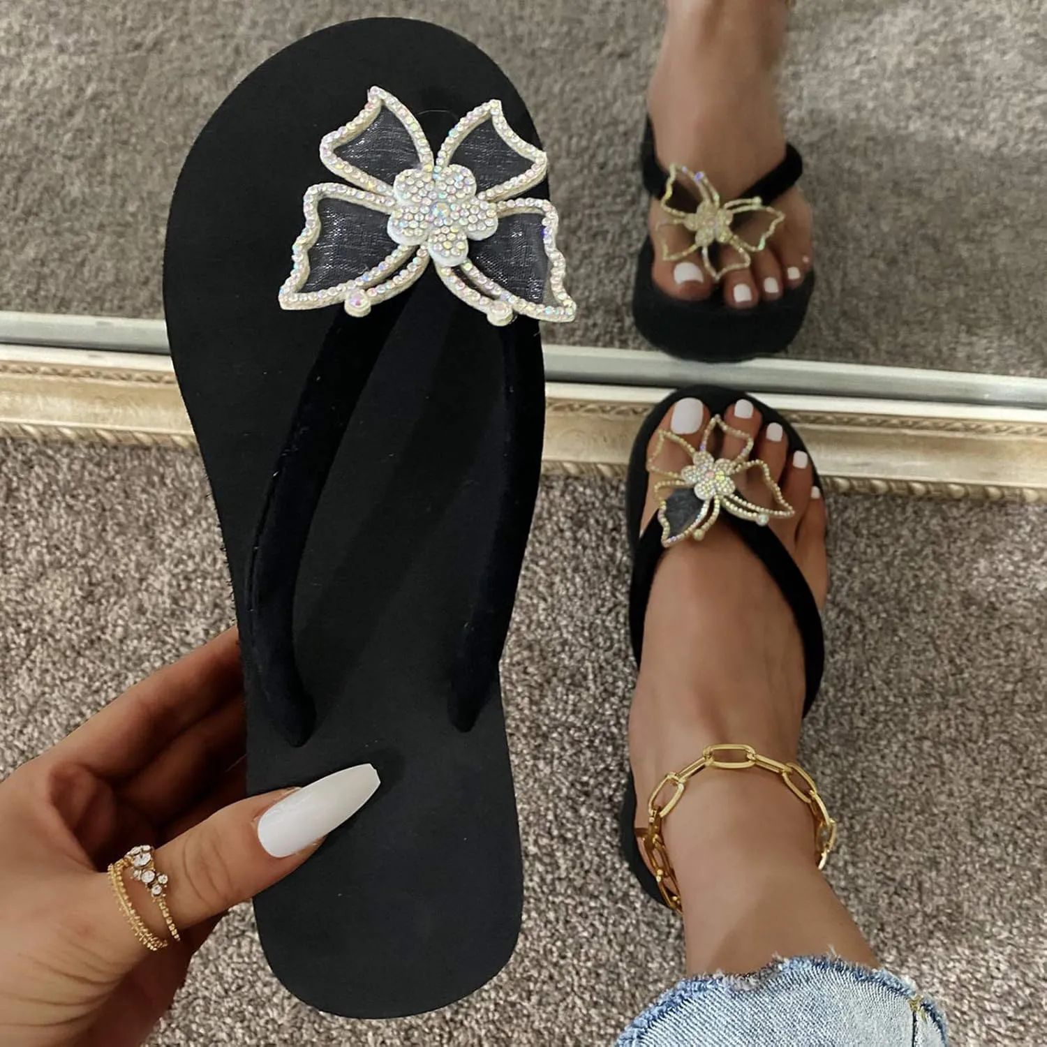 Black Sandals Women Platform Ladies Fashion Summer Flip Flops Casual Rhinestone Butterfly Sandals