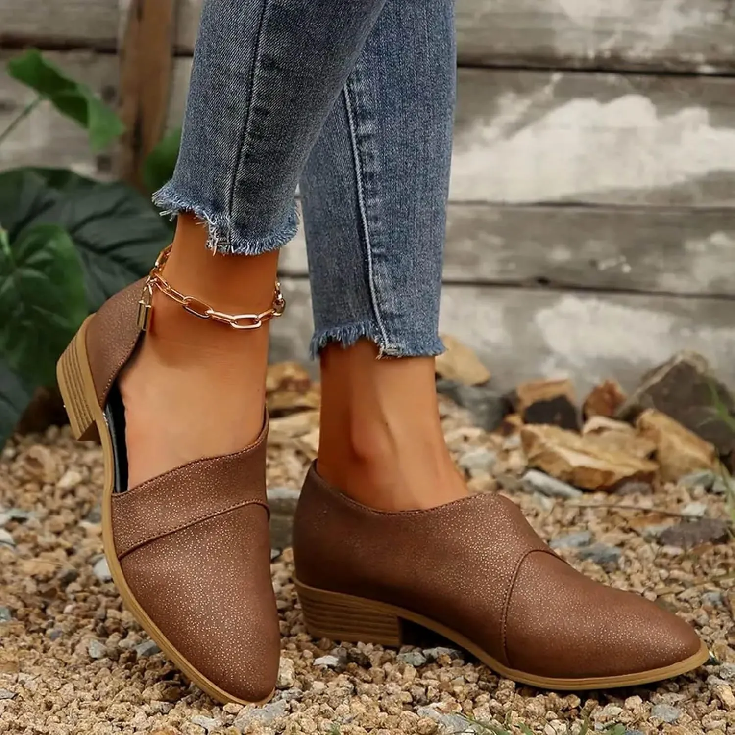 Cathalem Ankle Boots for Women Low Heel V Cut Out Pointed Toe Chunky Low Heel Dressy Western Cowboy Boots