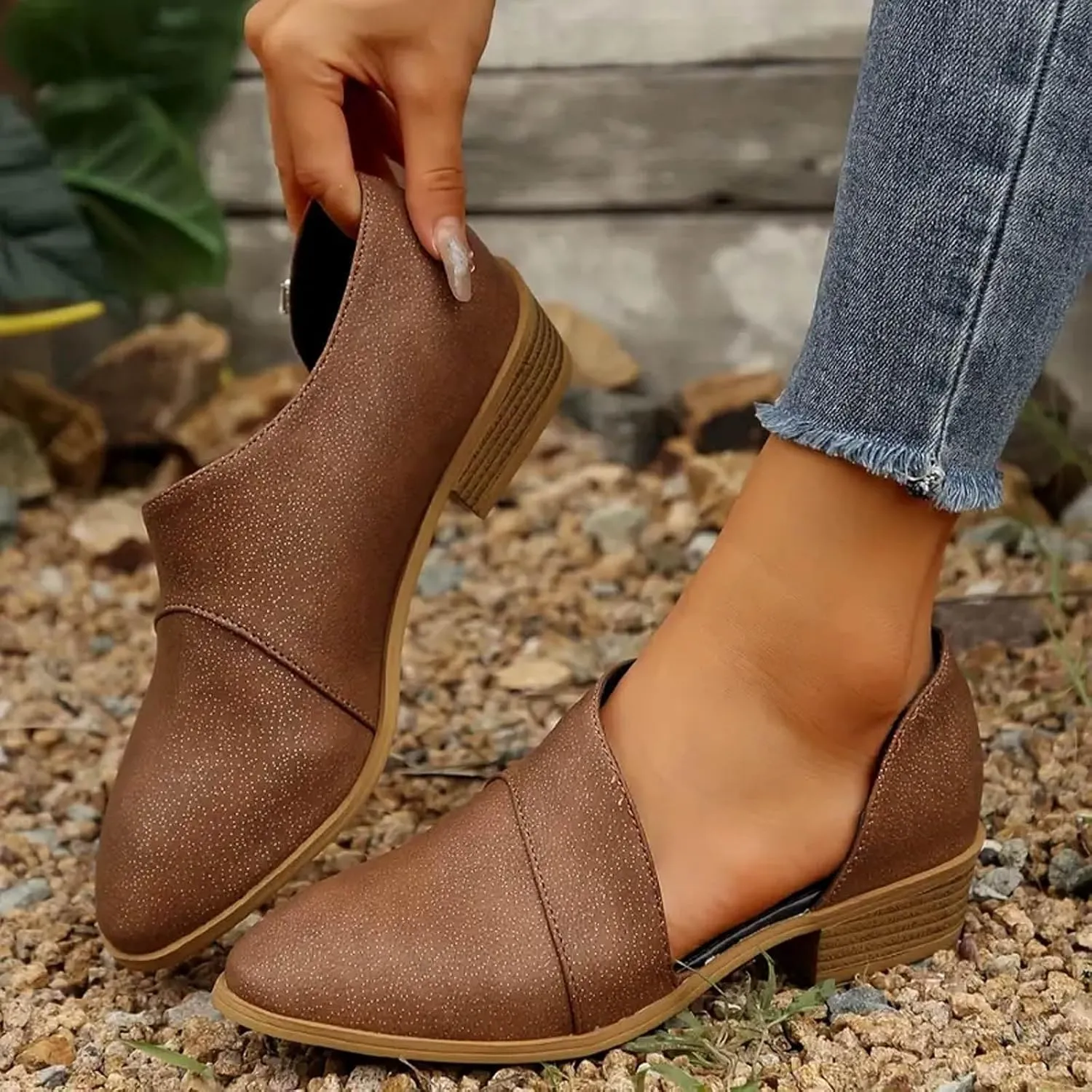 Cathalem Ankle Boots for Women Low Heel V Cut Out Pointed Toe Chunky Low Heel Dressy Western Cowboy Boots