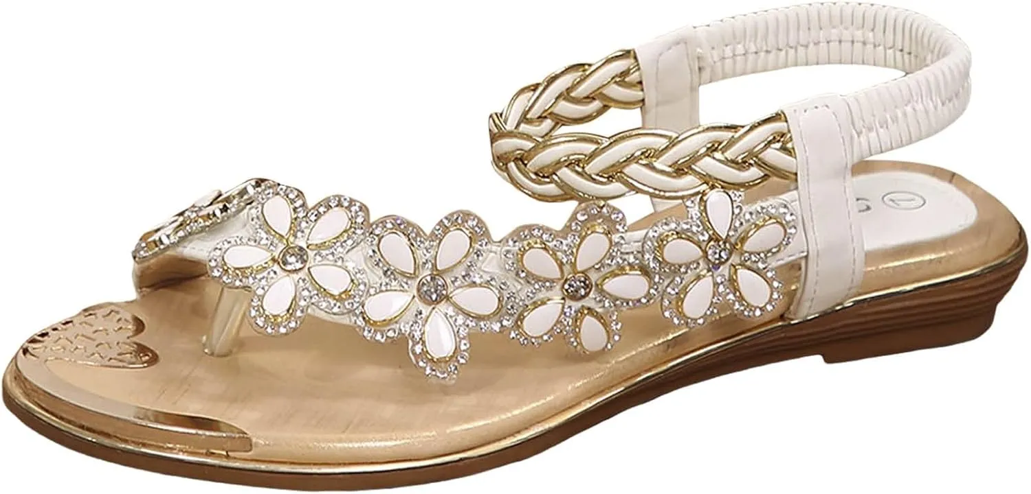 cooki Women's Summer Sandals Comfortable Bohemia Beach Flat Sandals for Women Casual Flower Rhinestone Beaded Boho Shoes