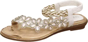 cooki Women's Summer Sandals Comfortable Bohemia Beach Flat Sandals for Women Casual Flower Rhinestone Beaded Boho Shoes