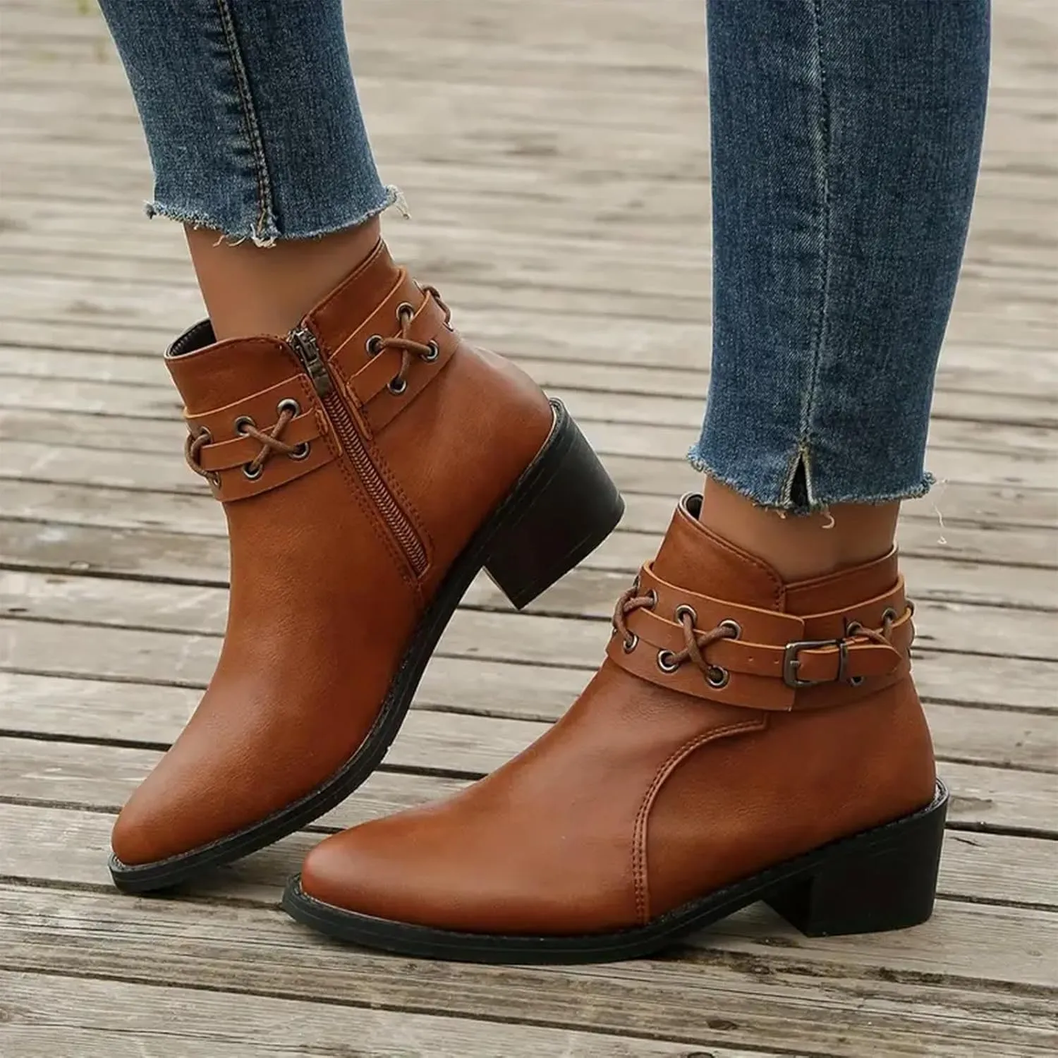 Cowboy Boots for Women, Womens Chunky Low Heel Ankle Boots Classic Pointed Toe Side Zipper Booties Vintage Fall Boots