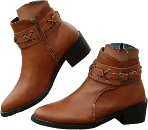 Cowboy Boots for Women, Womens Chunky Low Heel Ankle Boots Classic Pointed Toe Side Zipper Booties Vintage Fall Boots