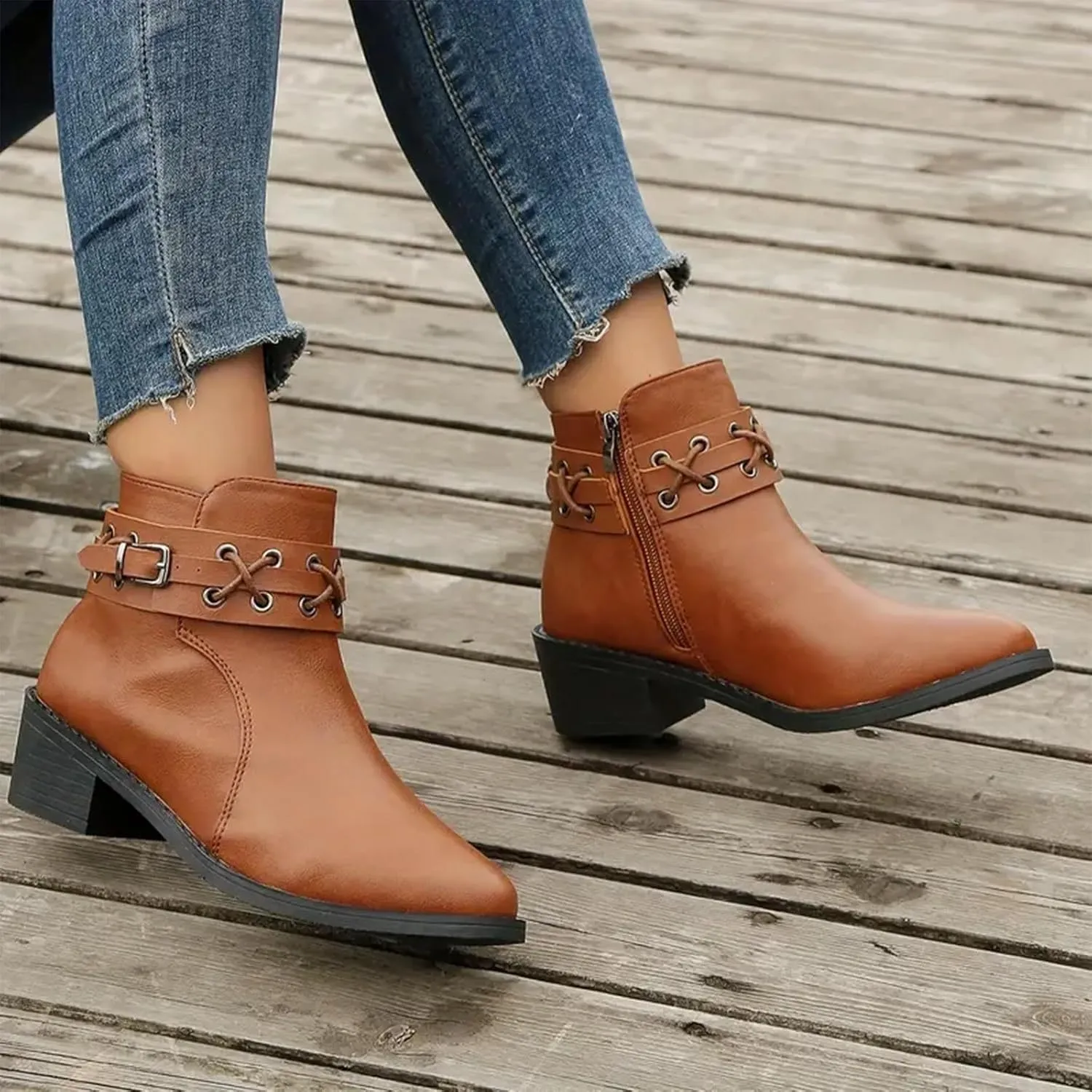 Cowboy Boots for Women, Womens Chunky Low Heel Ankle Boots Classic Pointed Toe Side Zipper Booties Vintage Fall Boots