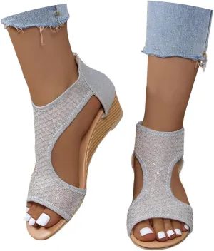Eduavar Sandals for Women Dressy, Orthopedic Sandals for Women Low Wedge Sandals Cutout Zip Up Crystal Sandals Shoes