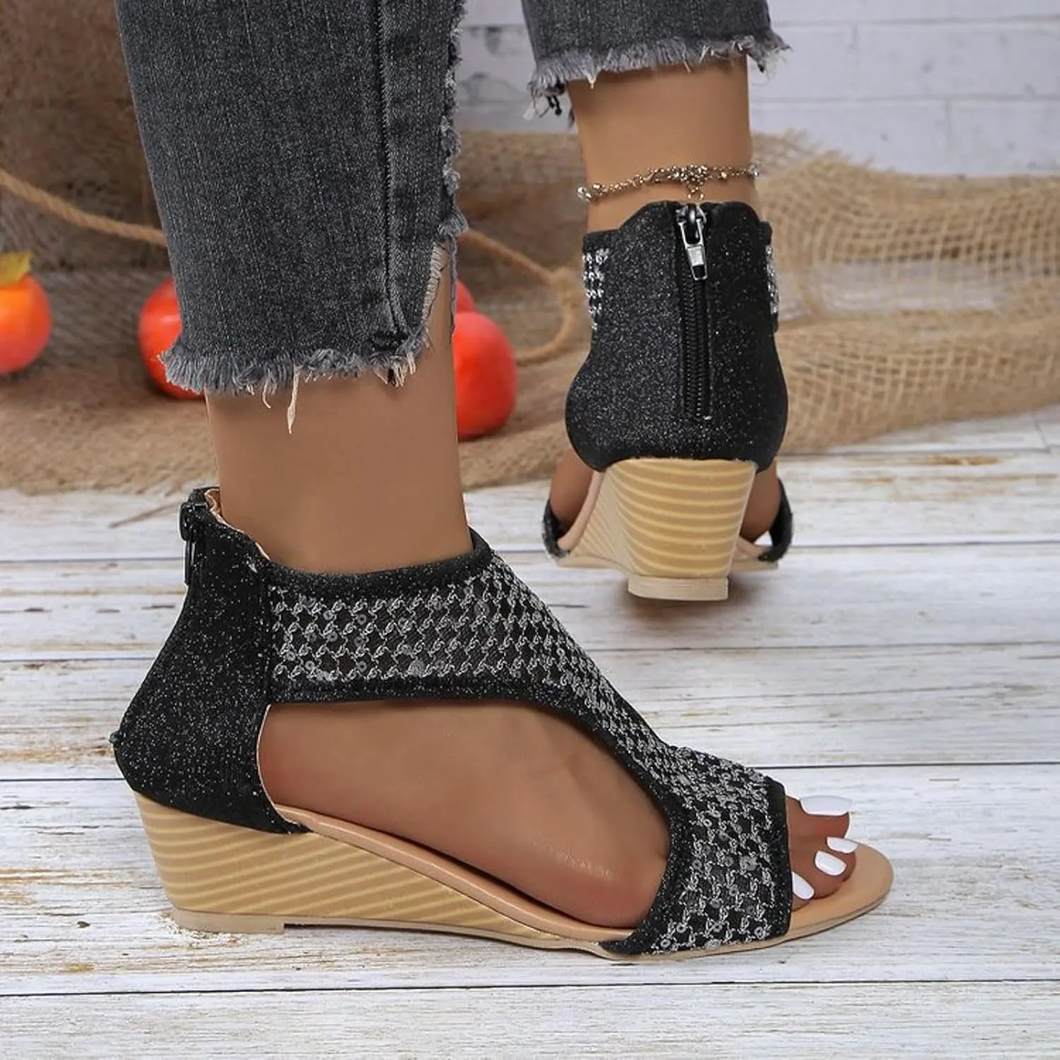 Eduavar Sandals for Women Dressy, Orthopedic Sandals for Women Low Wedge Sandals Cutout Zip Up Crystal Sandals Shoes