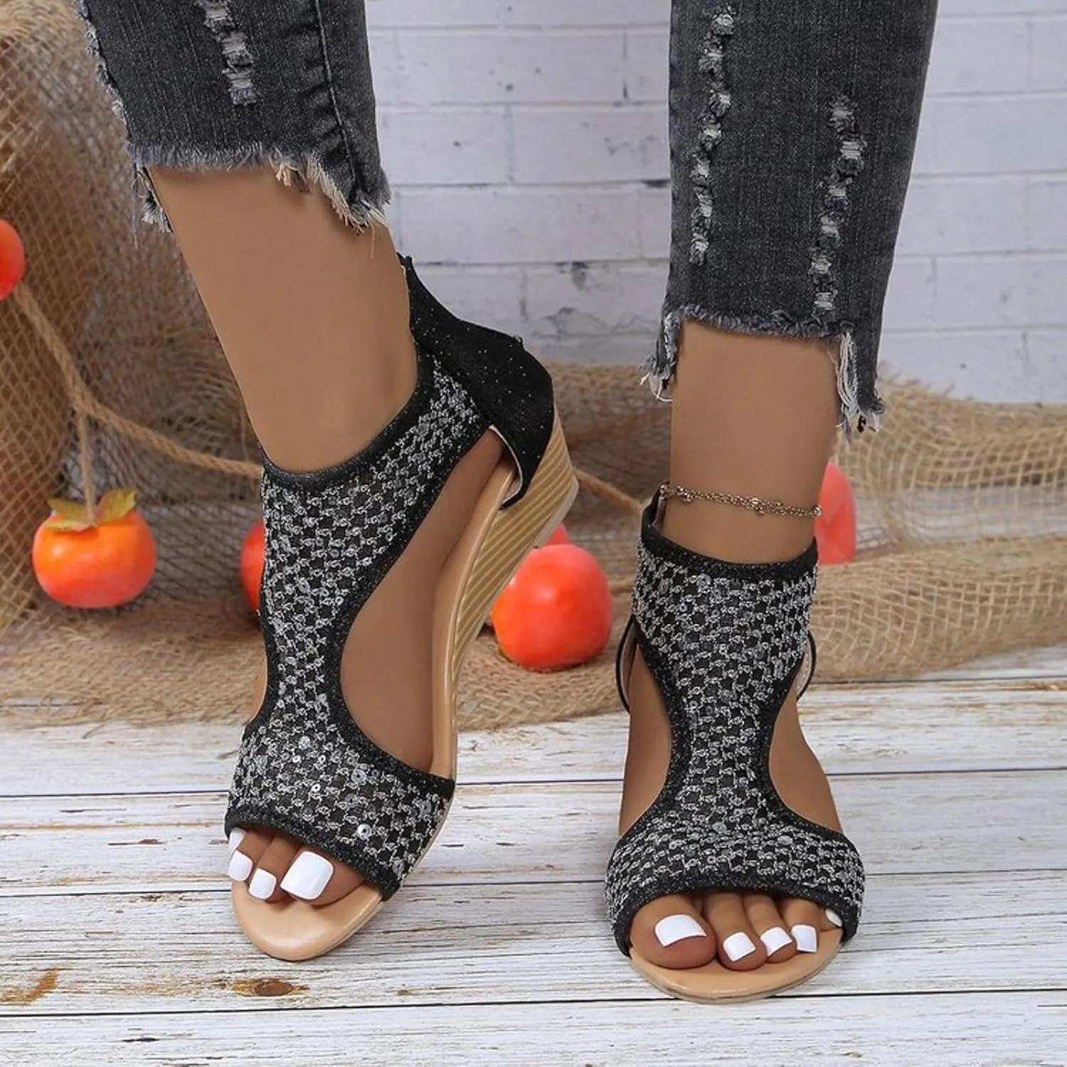 Eduavar Sandals for Women Dressy, Orthopedic Sandals for Women Low Wedge Sandals Cutout Zip Up Crystal Sandals Shoes
