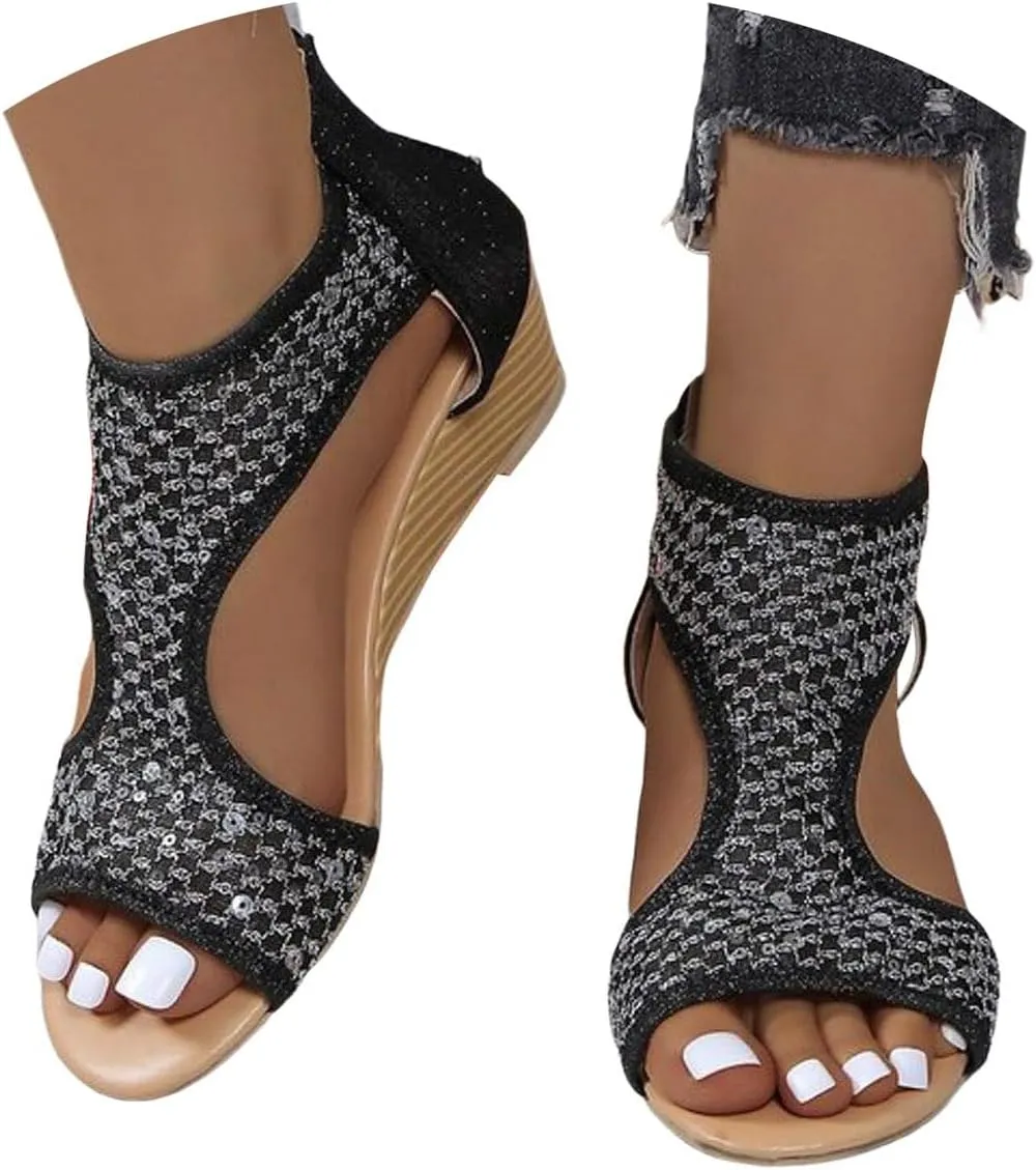 Eduavar Sandals for Women Dressy, Orthopedic Sandals for Women Low Wedge Sandals Cutout Zip Up Crystal Sandals Shoes