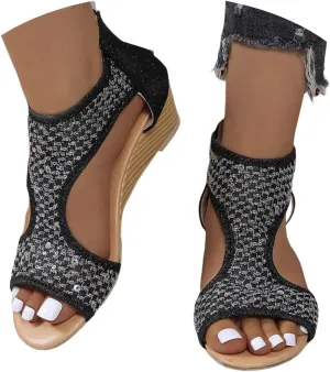 Eduavar Sandals for Women Dressy, Orthopedic Sandals for Women Low Wedge Sandals Cutout Zip Up Crystal Sandals Shoes