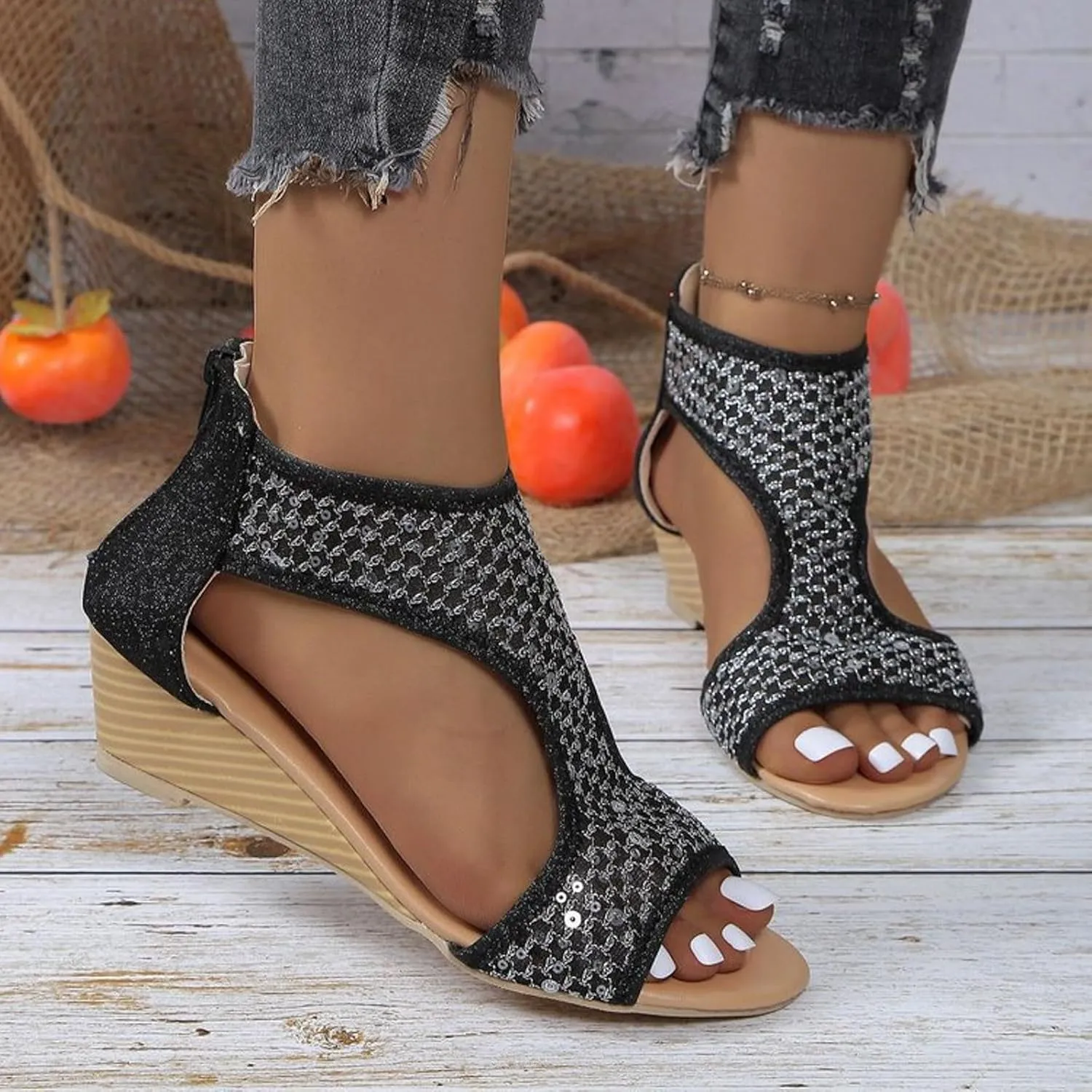 Eduavar Sandals for Women Dressy, Orthopedic Sandals for Women Low Wedge Sandals Cutout Zip Up Crystal Sandals Shoes