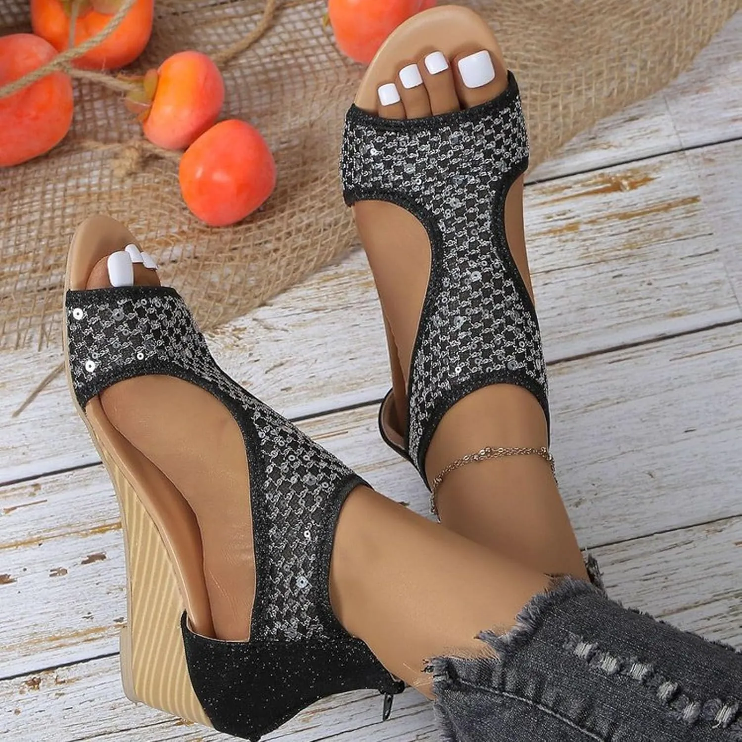 Eduavar Sandals for Women Dressy, Orthopedic Sandals for Women Low Wedge Sandals Cutout Zip Up Crystal Sandals Shoes
