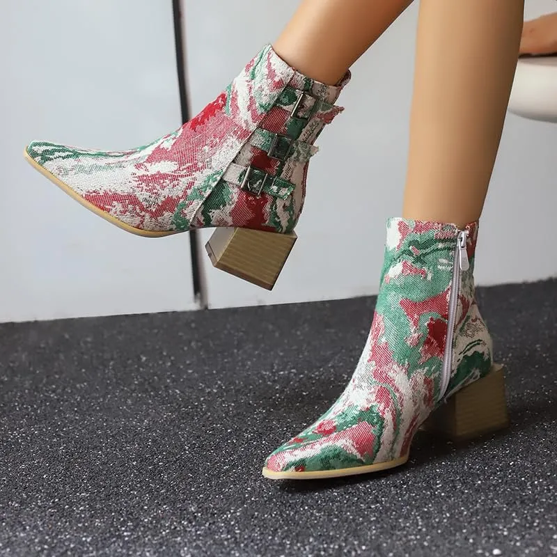 Elbslutt Denim Ankle Boots for Women Chunky Stacked Block Low Heel Comfortable Square Toe Ankle Chelsea Booties Shoes Strappy Buckle Booties with Zipper