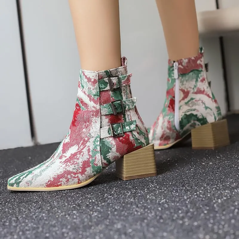 Elbslutt Denim Ankle Boots for Women Chunky Stacked Block Low Heel Comfortable Square Toe Ankle Chelsea Booties Shoes Strappy Buckle Booties with Zipper