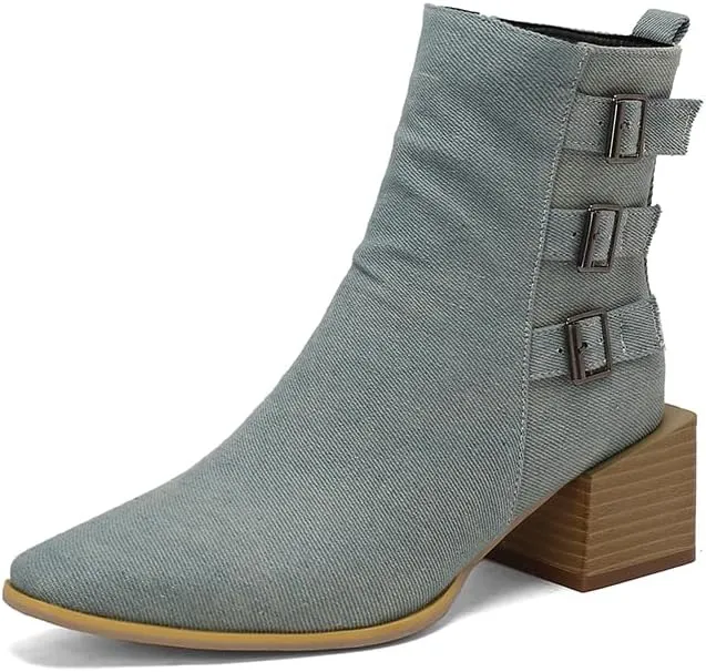 Elbslutt Denim Ankle Boots for Women Chunky Stacked Block Low Heel Comfortable Square Toe Ankle Chelsea Booties Shoes Strappy Buckle Booties with Zipper