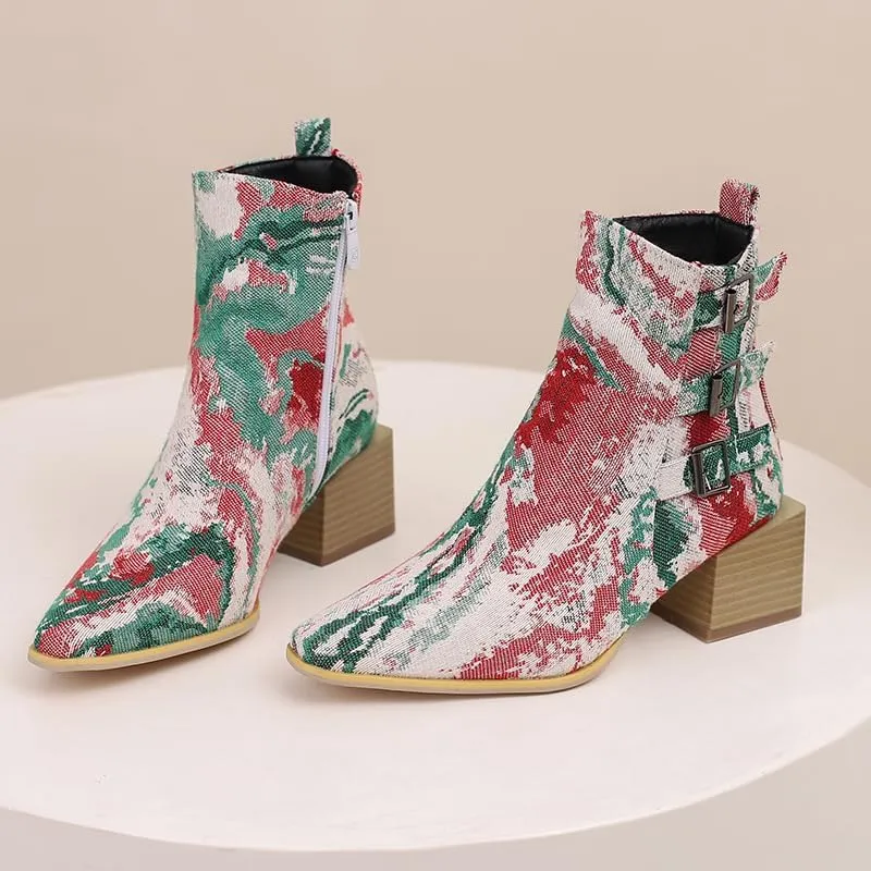 Elbslutt Denim Ankle Boots for Women Chunky Stacked Block Low Heel Comfortable Square Toe Ankle Chelsea Booties Shoes Strappy Buckle Booties with Zipper