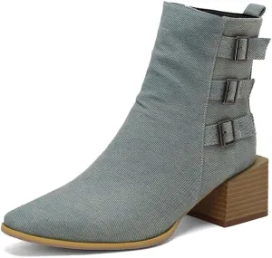 Elbslutt Denim Ankle Boots for Women Chunky Stacked Block Low Heel Comfortable Square Toe Ankle Chelsea Booties Shoes Strappy Buckle Booties with Zipper