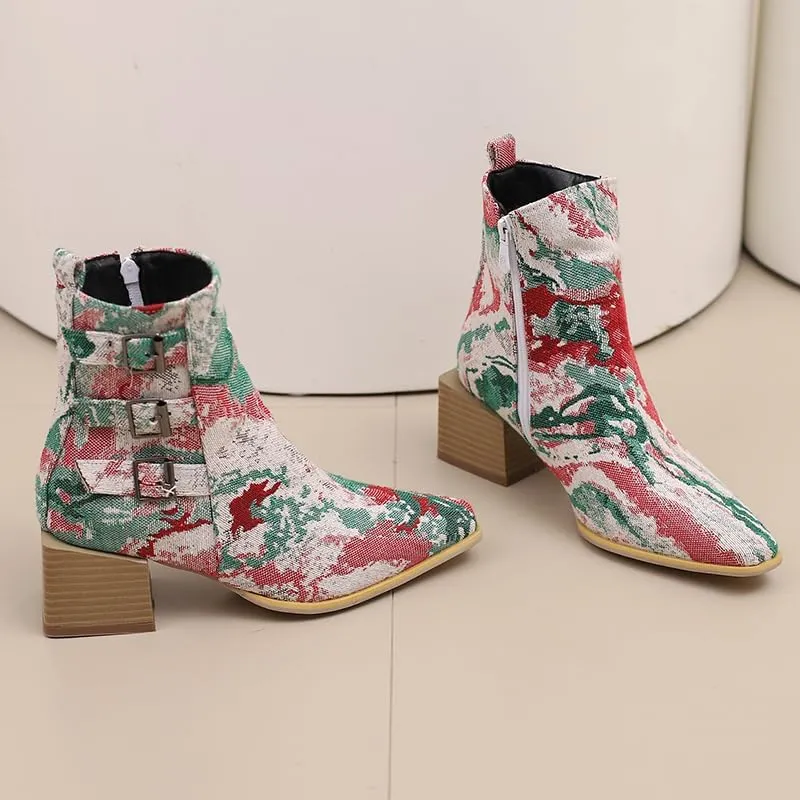 Elbslutt Denim Ankle Boots for Women Chunky Stacked Block Low Heel Comfortable Square Toe Ankle Chelsea Booties Shoes Strappy Buckle Booties with Zipper