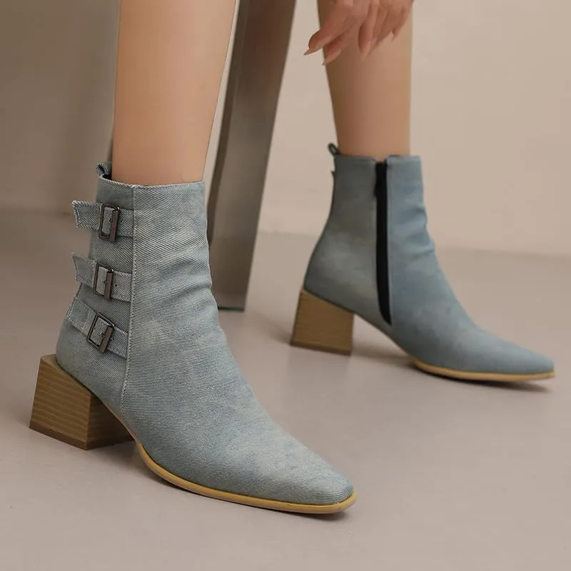 Elbslutt Denim Ankle Boots for Women Chunky Stacked Block Low Heel Comfortable Square Toe Ankle Chelsea Booties Shoes Strappy Buckle Booties with Zipper