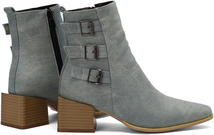 Elbslutt Denim Ankle Boots for Women Chunky Stacked Block Low Heel Comfortable Square Toe Ankle Chelsea Booties Shoes Strappy Buckle Booties with Zipper