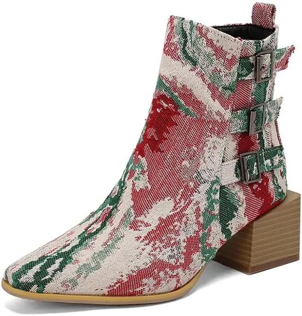 Elbslutt Denim Ankle Boots for Women Chunky Stacked Block Low Heel Comfortable Square Toe Ankle Chelsea Booties Shoes Strappy Buckle Booties with Zipper