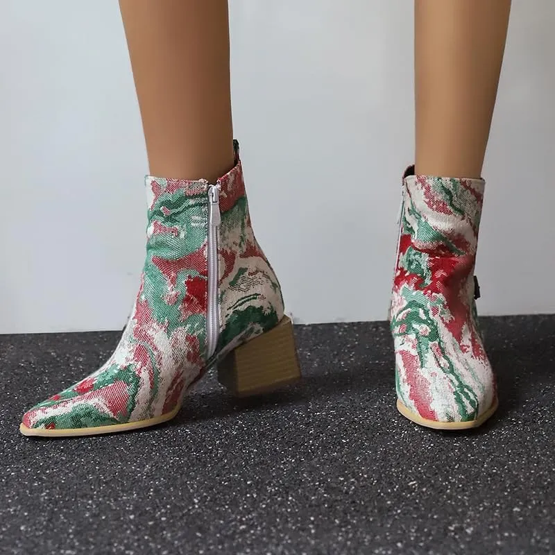 Elbslutt Denim Ankle Boots for Women Chunky Stacked Block Low Heel Comfortable Square Toe Ankle Chelsea Booties Shoes Strappy Buckle Booties with Zipper
