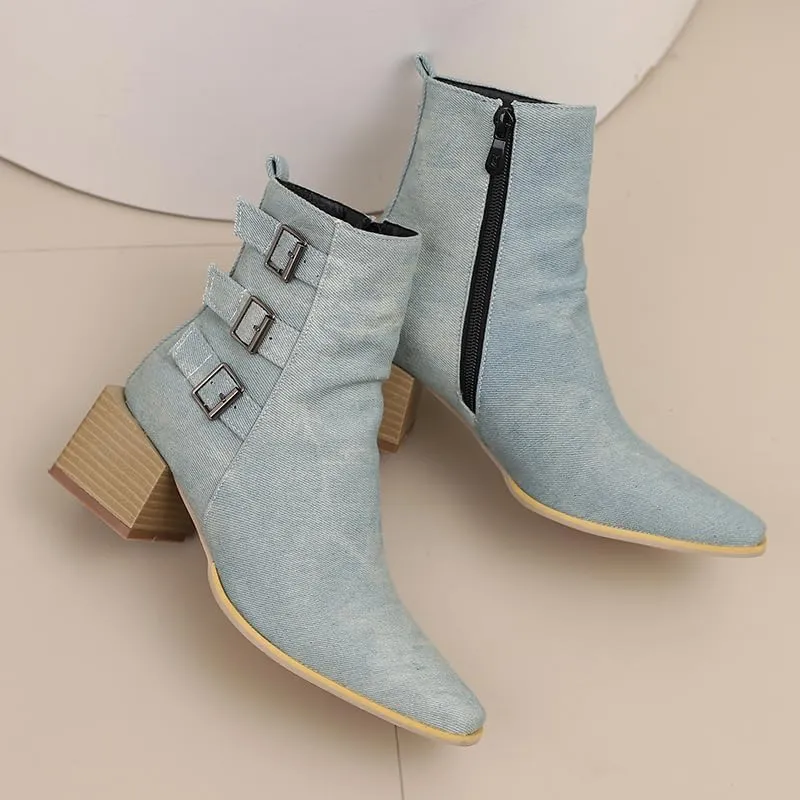 Elbslutt Denim Ankle Boots for Women Chunky Stacked Block Low Heel Comfortable Square Toe Ankle Chelsea Booties Shoes Strappy Buckle Booties with Zipper
