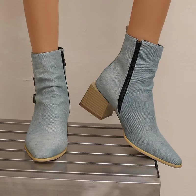 Elbslutt Denim Ankle Boots for Women Chunky Stacked Block Low Heel Comfortable Square Toe Ankle Chelsea Booties Shoes Strappy Buckle Booties with Zipper