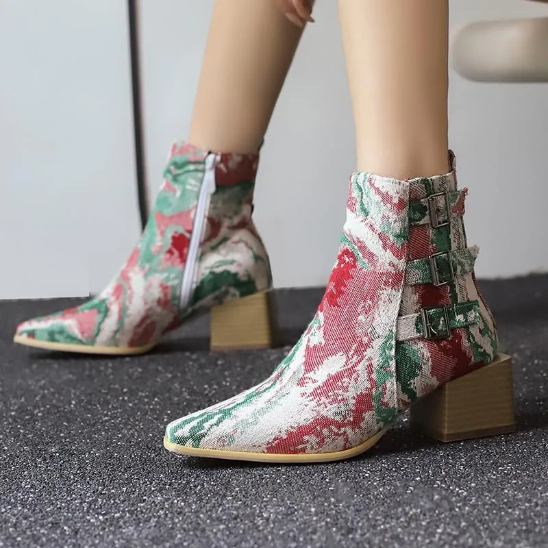 Elbslutt Denim Ankle Boots for Women Chunky Stacked Block Low Heel Comfortable Square Toe Ankle Chelsea Booties Shoes Strappy Buckle Booties with Zipper