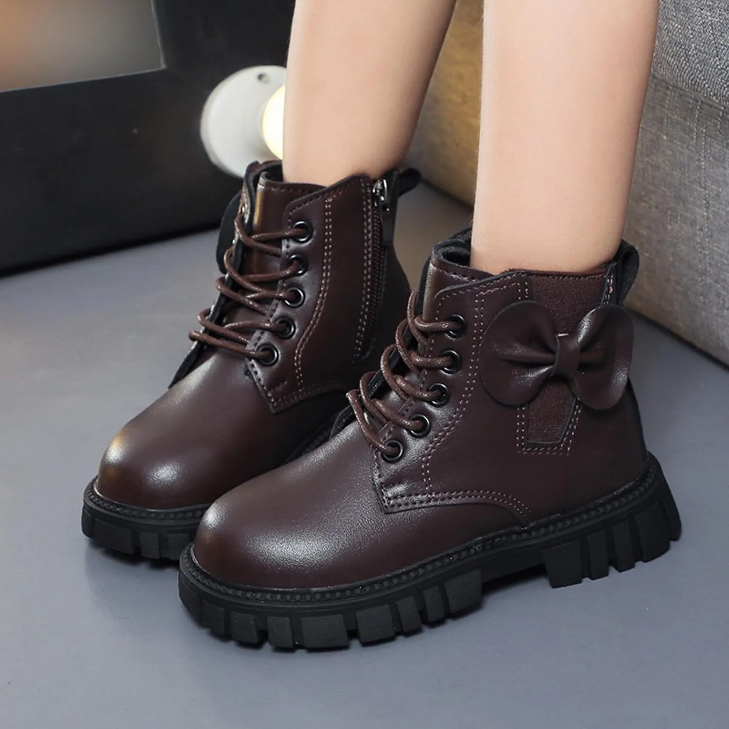 Fashion Non Slip Ankle Boots Lace up Lug Sole Side Zipper Outdoor Booties Kids Cowboy Boots Toddler Boots