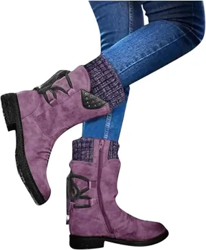 Fashion Slouchy Ruched Faux Suede Round Toe Slip On Flat Ankle Booties for Women Comfortable Snow Boots Casual Fall Winter Women's Mid Calf Boots Side Zip Short Boot
