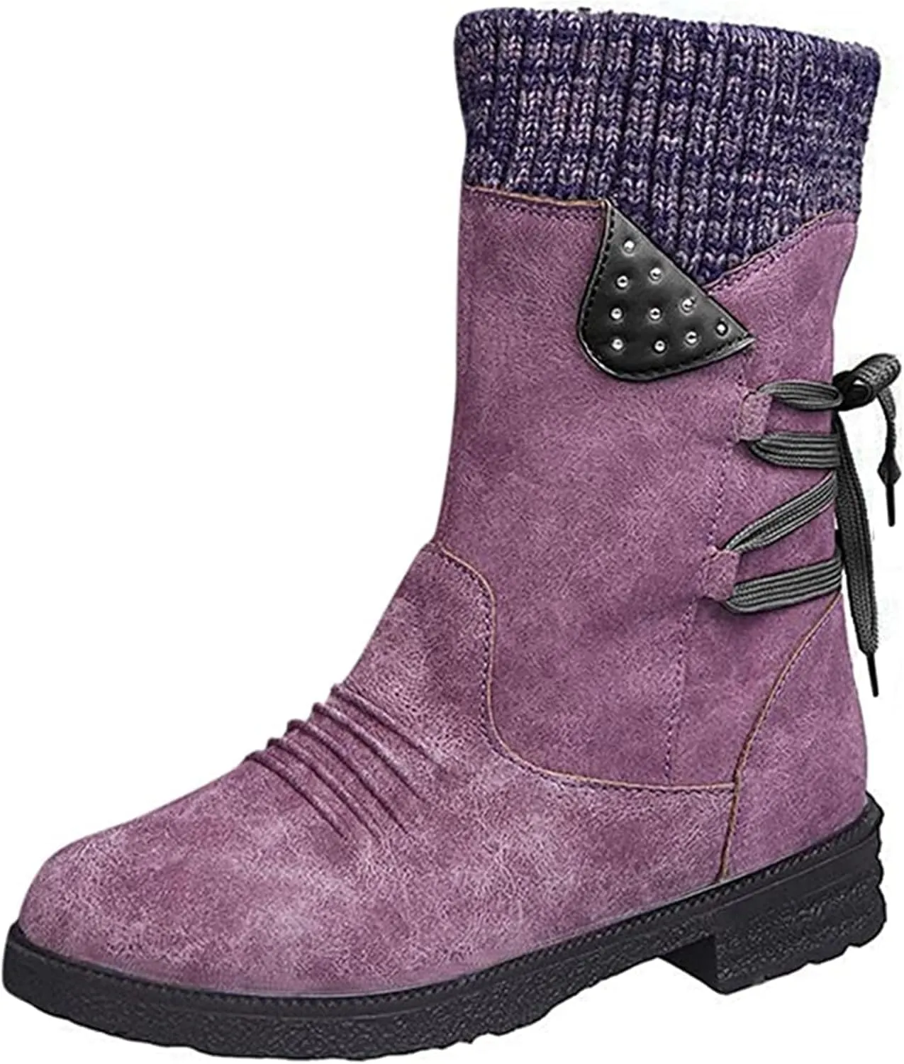 Fashion Slouchy Ruched Faux Suede Round Toe Slip On Flat Ankle Booties for Women Comfortable Snow Boots Casual Fall Winter Women's Mid Calf Boots Side Zip Short Boot