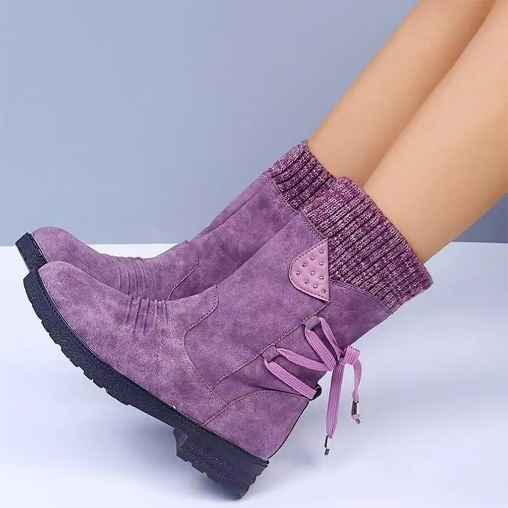 Fashion Slouchy Ruched Faux Suede Round Toe Slip On Flat Ankle Booties for Women Comfortable Snow Boots Casual Fall Winter Women's Mid Calf Boots Side Zip Short Boot