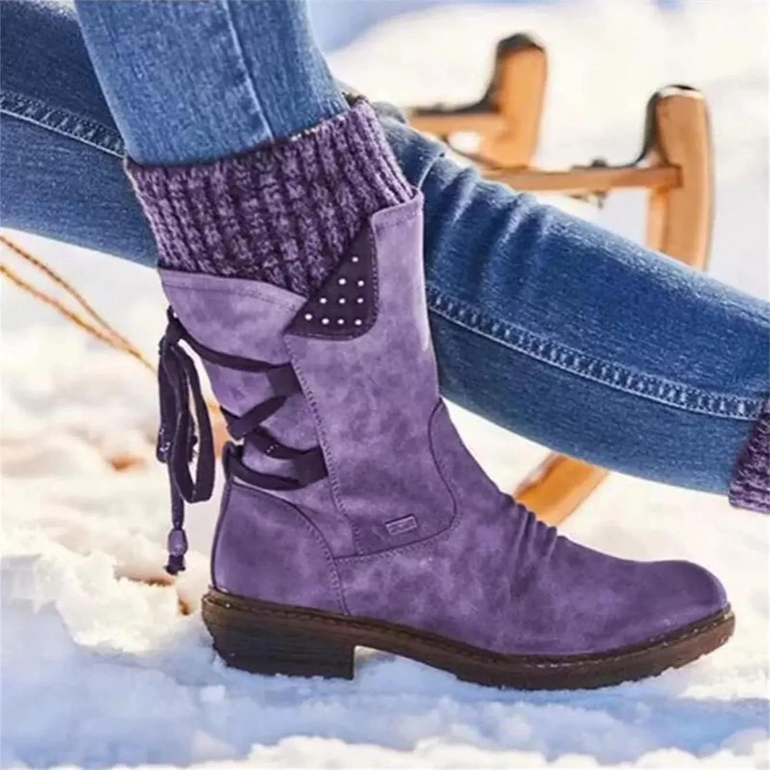 Fashion Slouchy Ruched Faux Suede Round Toe Slip On Flat Ankle Booties for Women Comfortable Snow Boots Casual Fall Winter Women's Mid Calf Boots Side Zip Short Boot