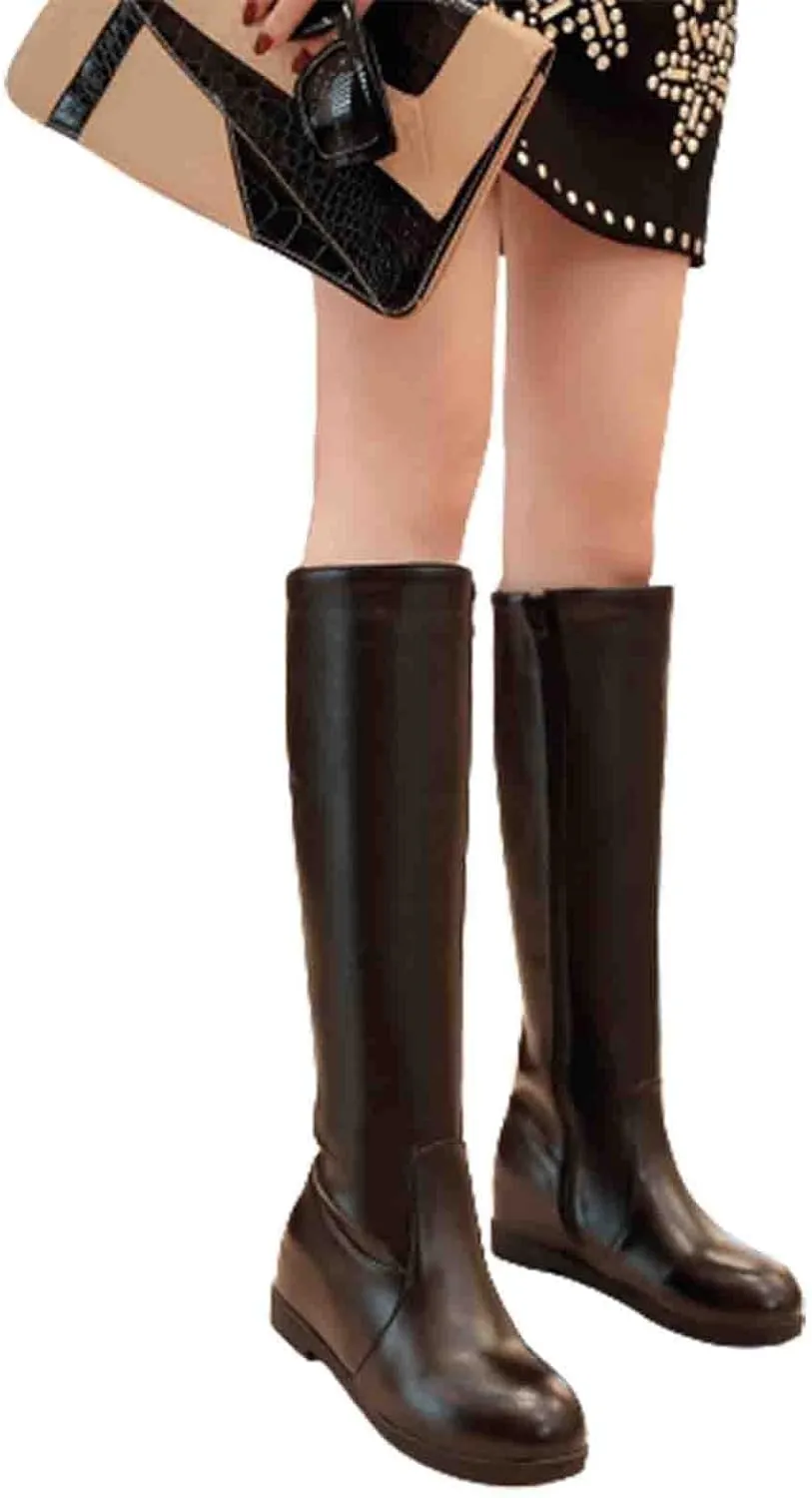 FFZSQ Student Long Shaft Snow Boots Women Winter Riding Boots Comfort Non-Slip Worker Boots with Zipper PU Leather Round Toe Party Shoes